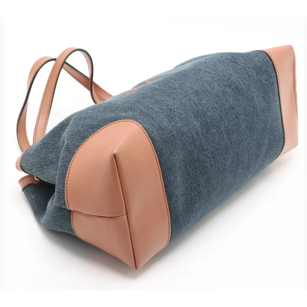 GUCCI Craft Logo Navy Denim & Tan Leather Tote Bag - Picture 3 of 5